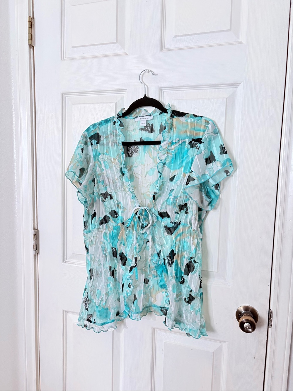 dressbarn Aqua Floral Tie-Front Ruffle Blouse